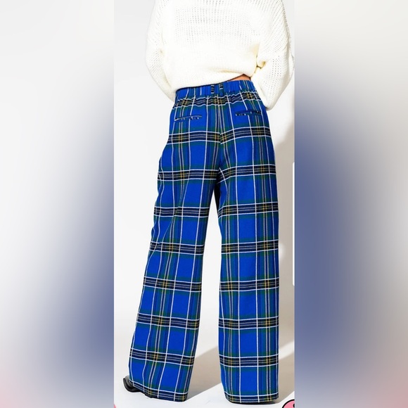 Dressed in Lala Lovers Lane Plaid Wide Leg Trousers in Cobalt Blue - Picture 2 of 6